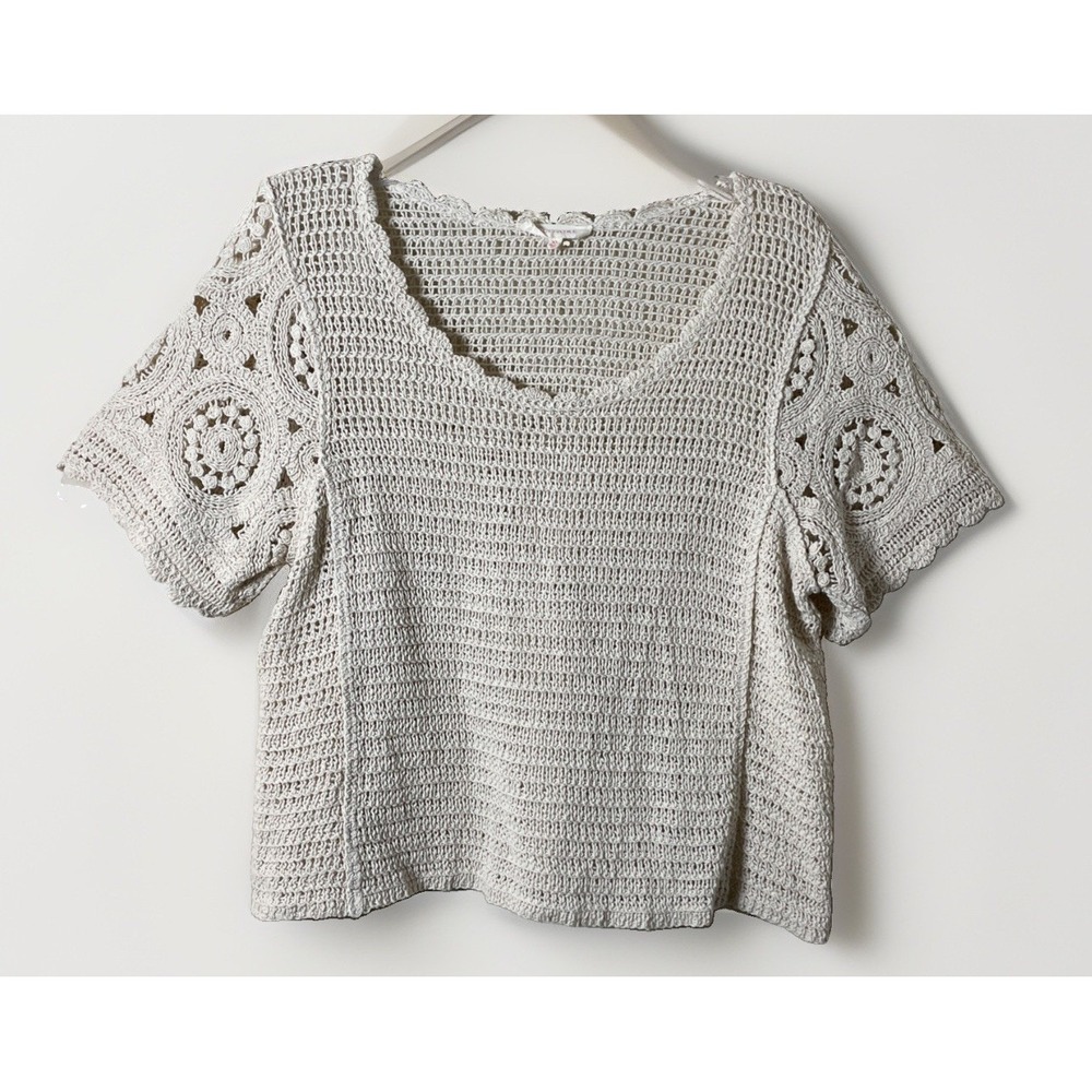 Solitaire Womens Crochet Knit Crop Top Size XL Ivory Floral Boho Indie Hippie